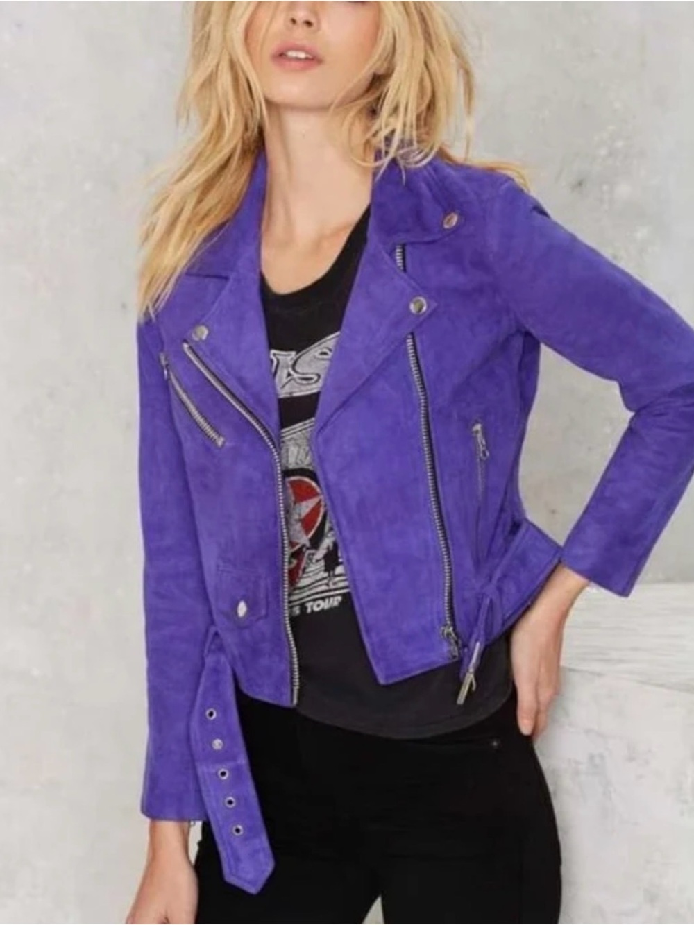 Nasty Gal Purple Cropped Faux Suede Moto Biker Jacket XS
